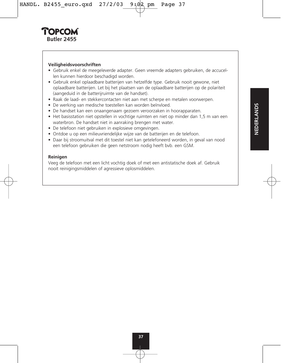 Butler 2455 | Topcom BUTLER 2455 User Manual | Page 37 / 180