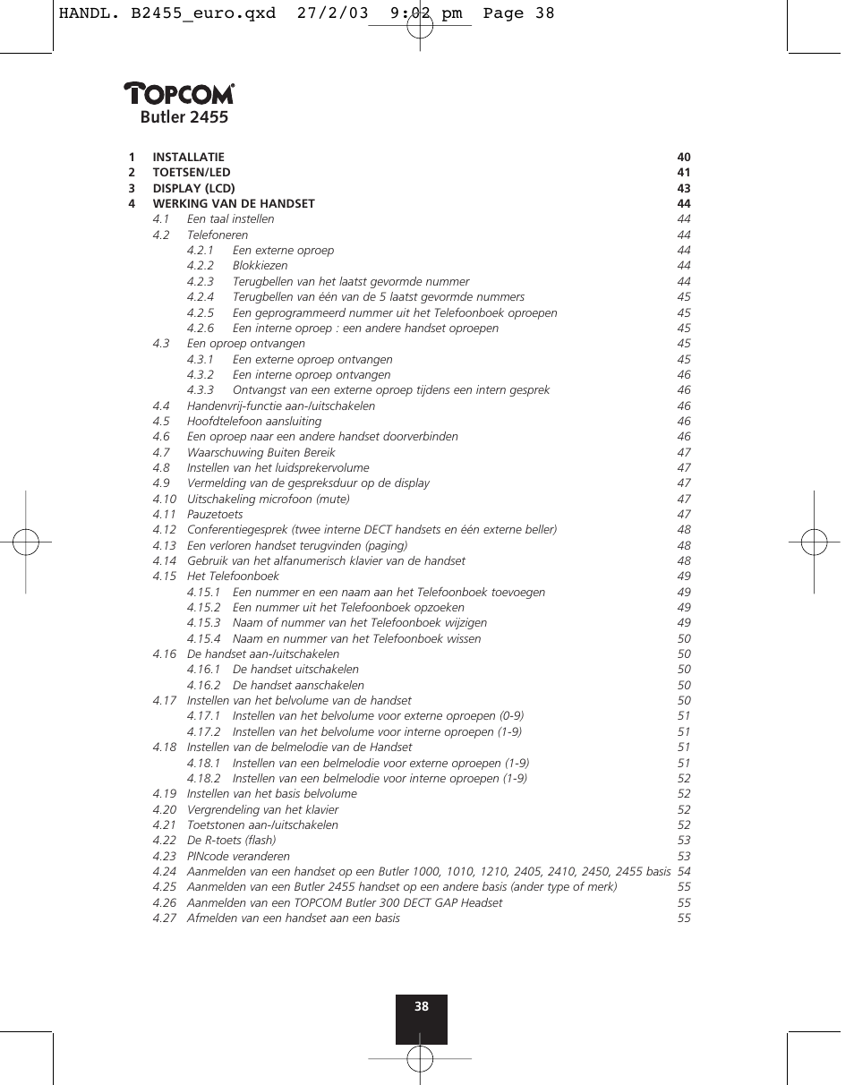 Butler 2455 | Topcom BUTLER 2455 User Manual | Page 38 / 180