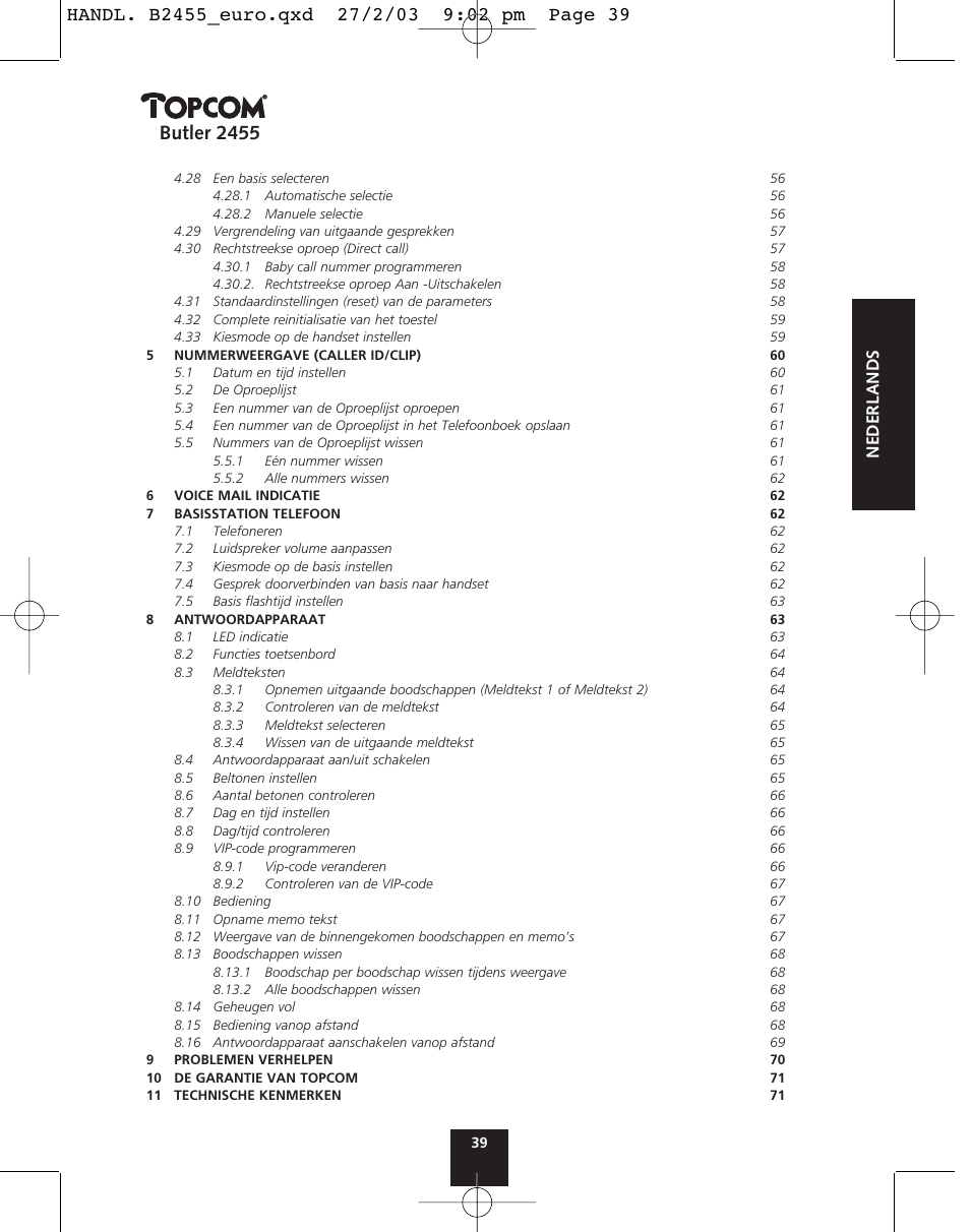Butler 2455, Nederlands | Topcom BUTLER 2455 User Manual | Page 39 / 180