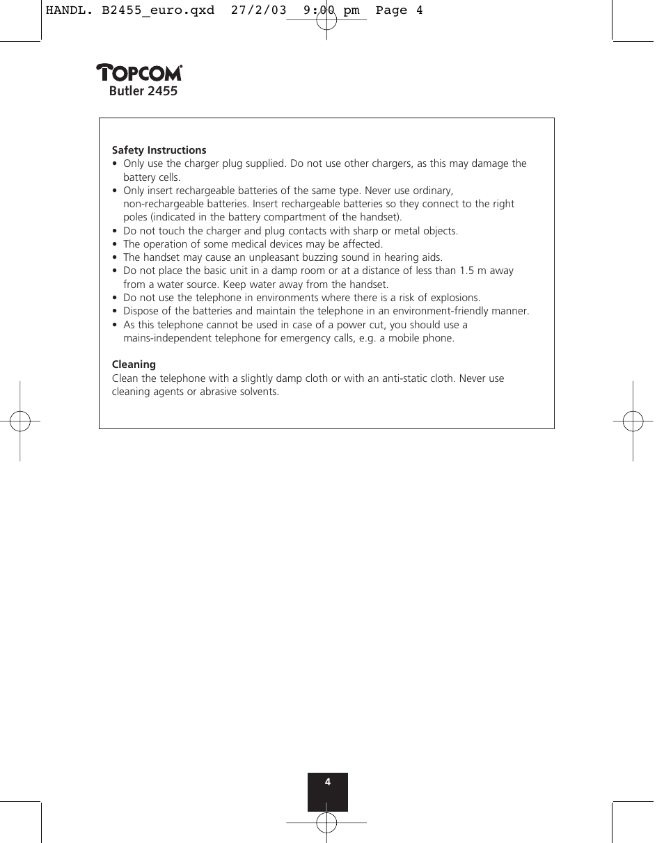 Butler 2455 | Topcom BUTLER 2455 User Manual | Page 4 / 180