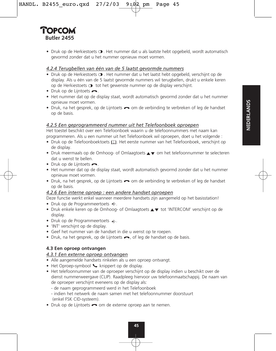 Butler 2455 | Topcom BUTLER 2455 User Manual | Page 45 / 180
