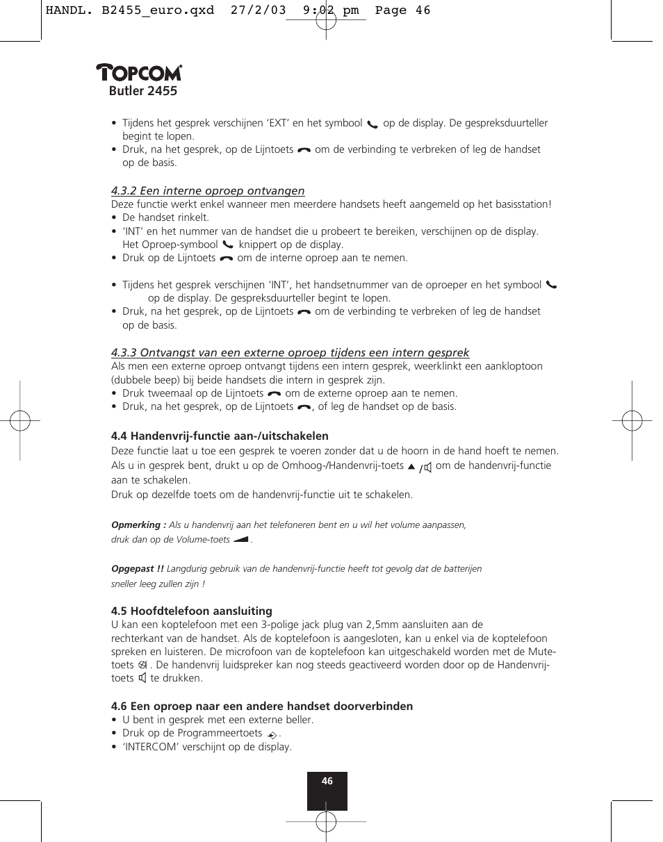 Butler 2455 | Topcom BUTLER 2455 User Manual | Page 46 / 180