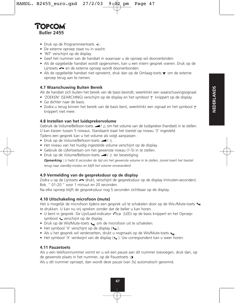 Butler 2455 | Topcom BUTLER 2455 User Manual | Page 47 / 180