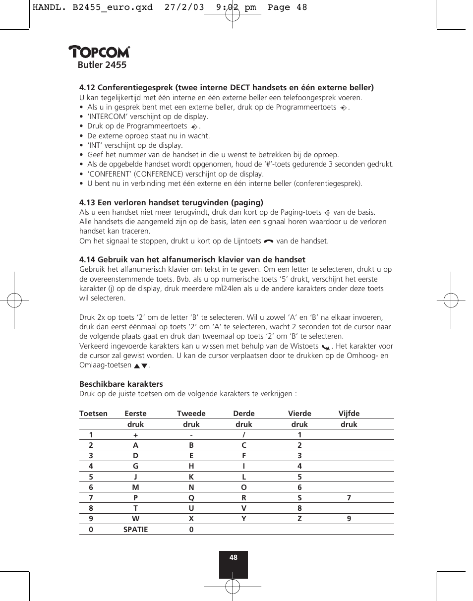 Butler 2455 | Topcom BUTLER 2455 User Manual | Page 48 / 180