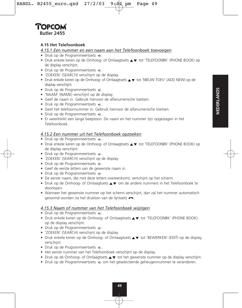 Butler 2455 | Topcom BUTLER 2455 User Manual | Page 49 / 180