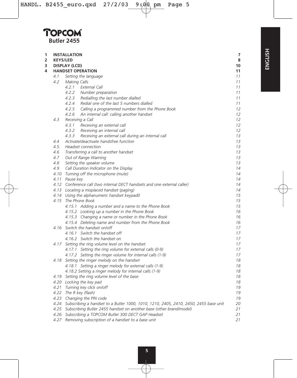 Butler 2455, English | Topcom BUTLER 2455 User Manual | Page 5 / 180