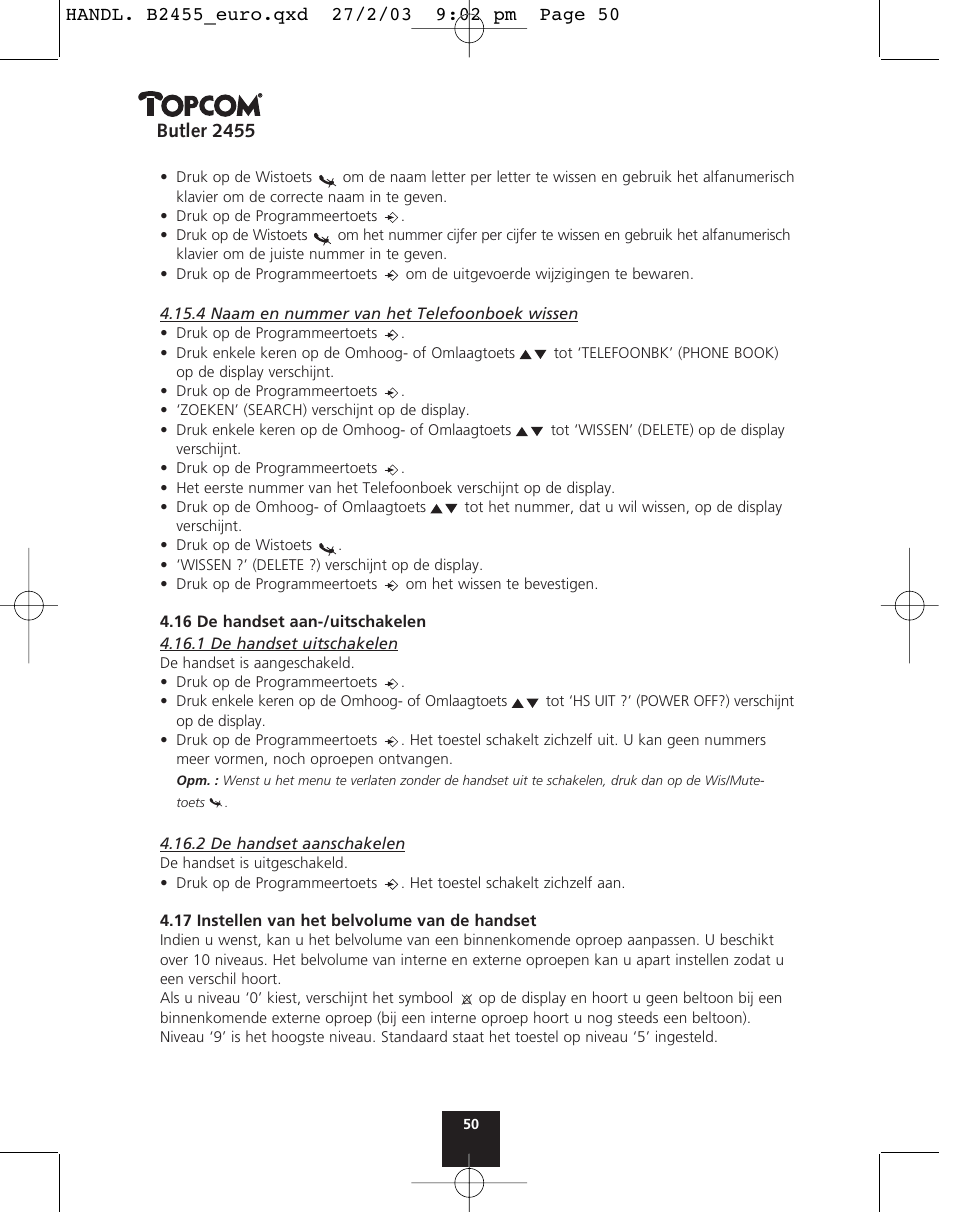 Butler 2455 | Topcom BUTLER 2455 User Manual | Page 50 / 180