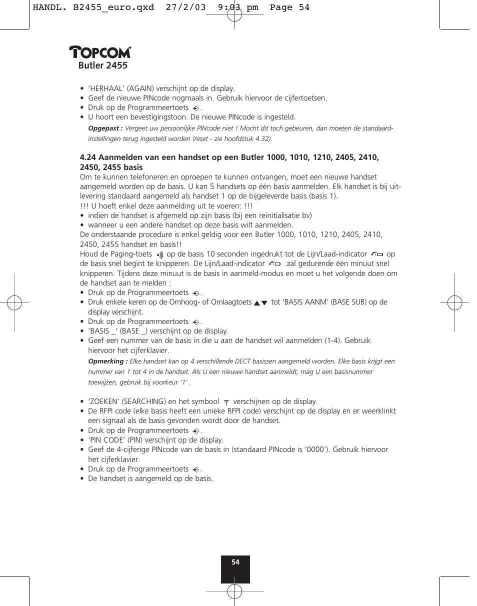 Butler 2455 | Topcom BUTLER 2455 User Manual | Page 54 / 180
