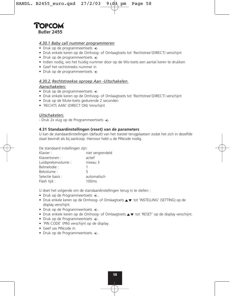 Butler 2455 | Topcom BUTLER 2455 User Manual | Page 58 / 180