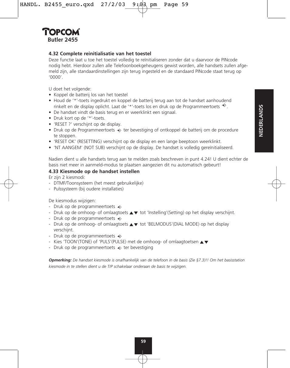 Butler 2455 | Topcom BUTLER 2455 User Manual | Page 59 / 180