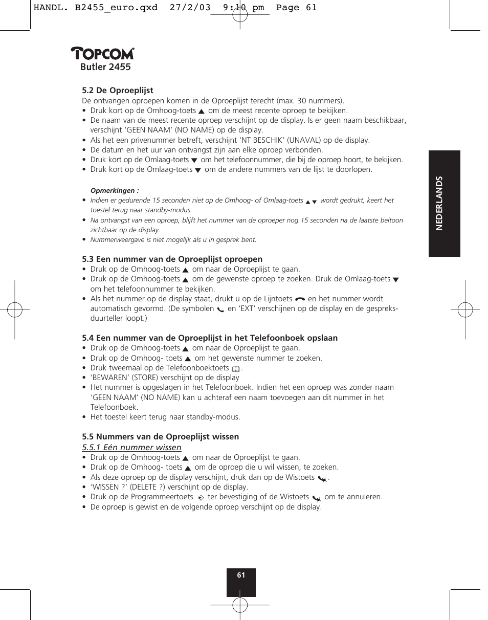 Butler 2455 | Topcom BUTLER 2455 User Manual | Page 61 / 180