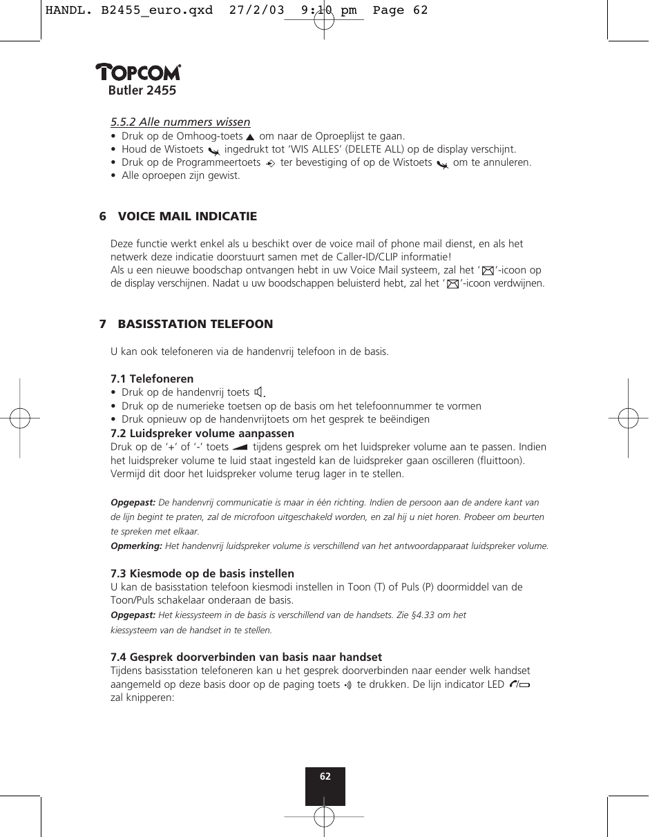 Butler 2455 | Topcom BUTLER 2455 User Manual | Page 62 / 180
