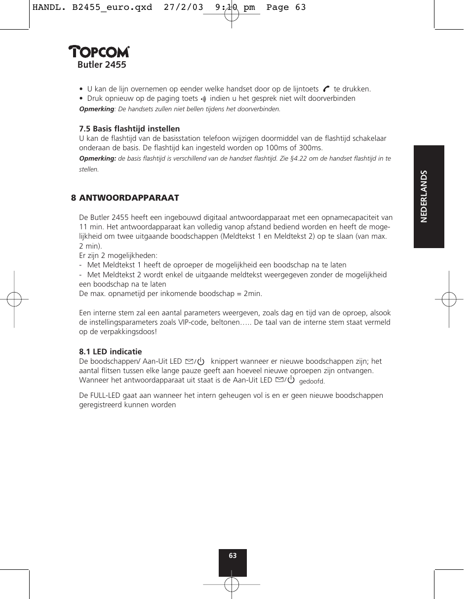 Butler 2455 | Topcom BUTLER 2455 User Manual | Page 63 / 180