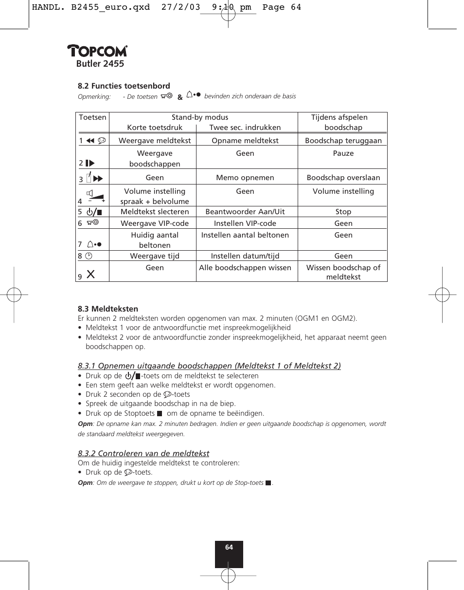Butler 2455 | Topcom BUTLER 2455 User Manual | Page 64 / 180