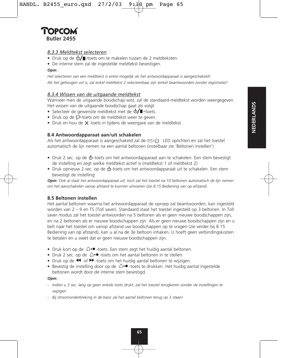 Butler 2455 | Topcom BUTLER 2455 User Manual | Page 65 / 180