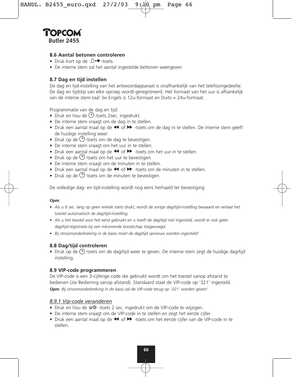 Butler 2455 | Topcom BUTLER 2455 User Manual | Page 66 / 180