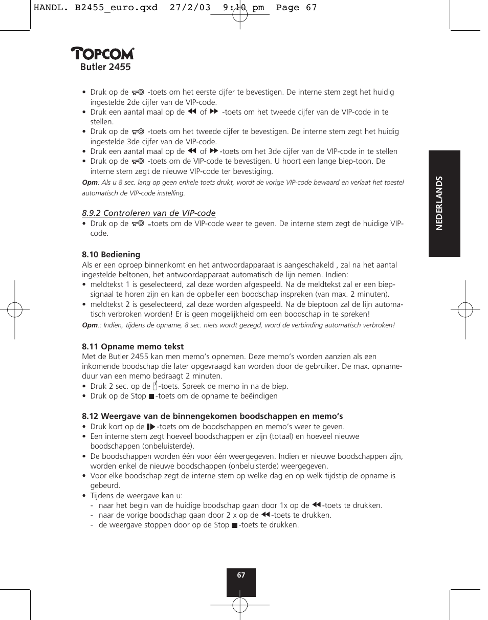 Butler 2455 | Topcom BUTLER 2455 User Manual | Page 67 / 180