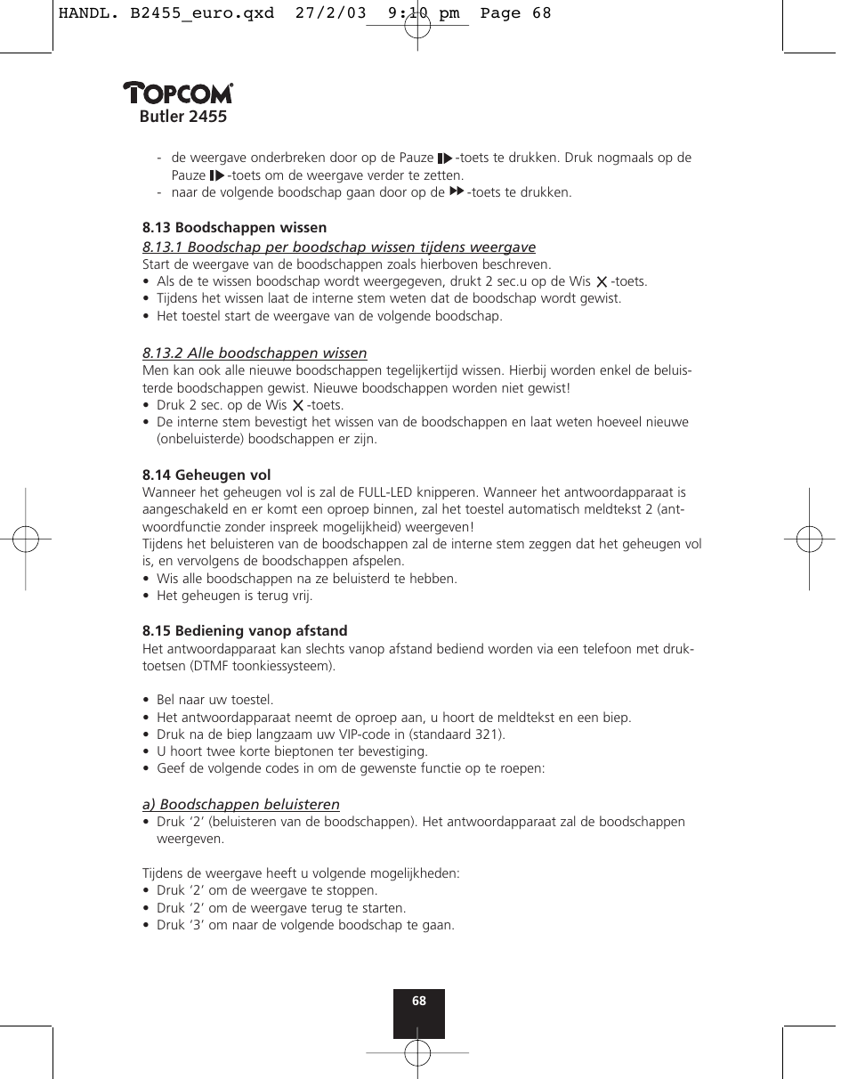 Butler 2455 | Topcom BUTLER 2455 User Manual | Page 68 / 180