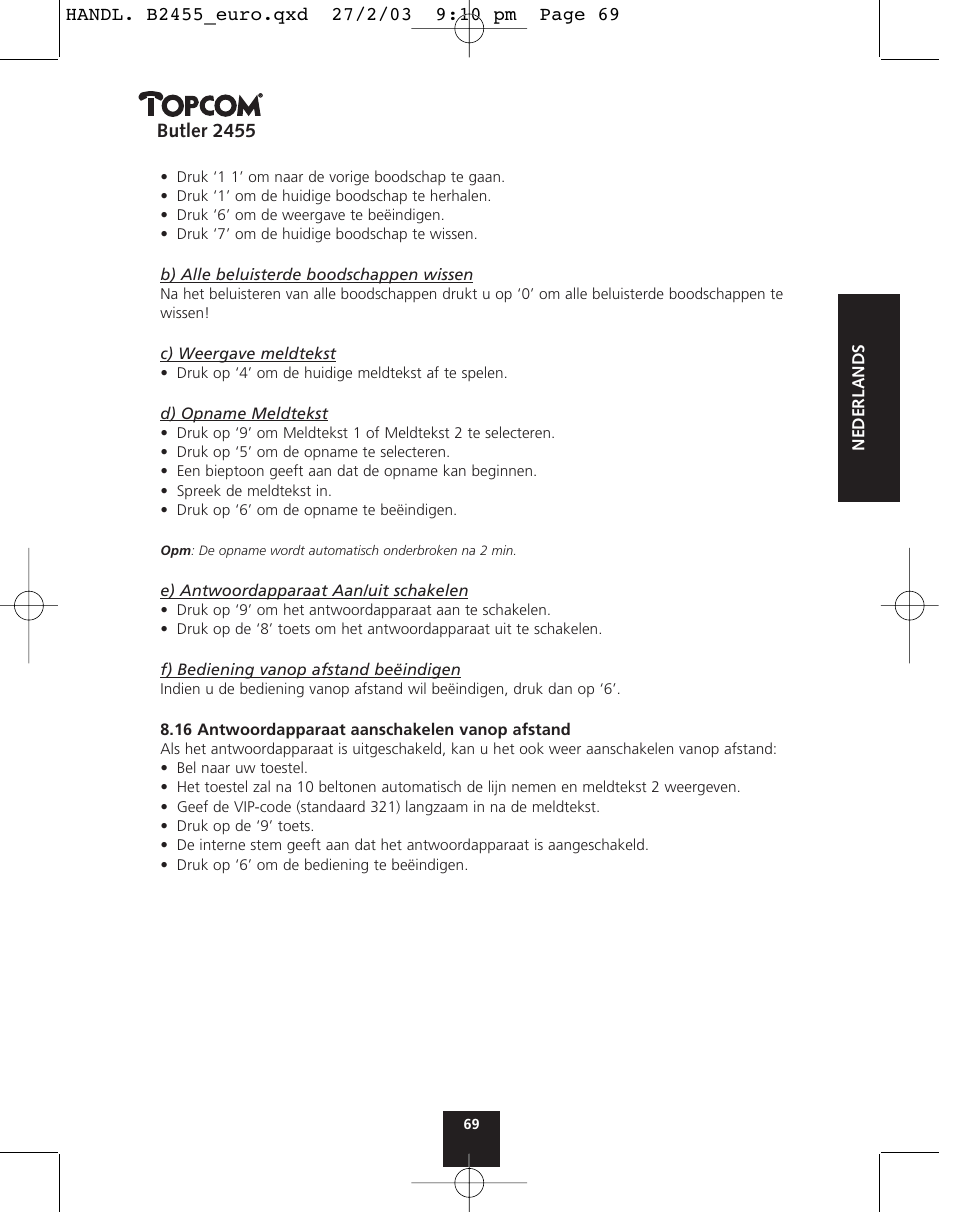 Butler 2455 | Topcom BUTLER 2455 User Manual | Page 69 / 180