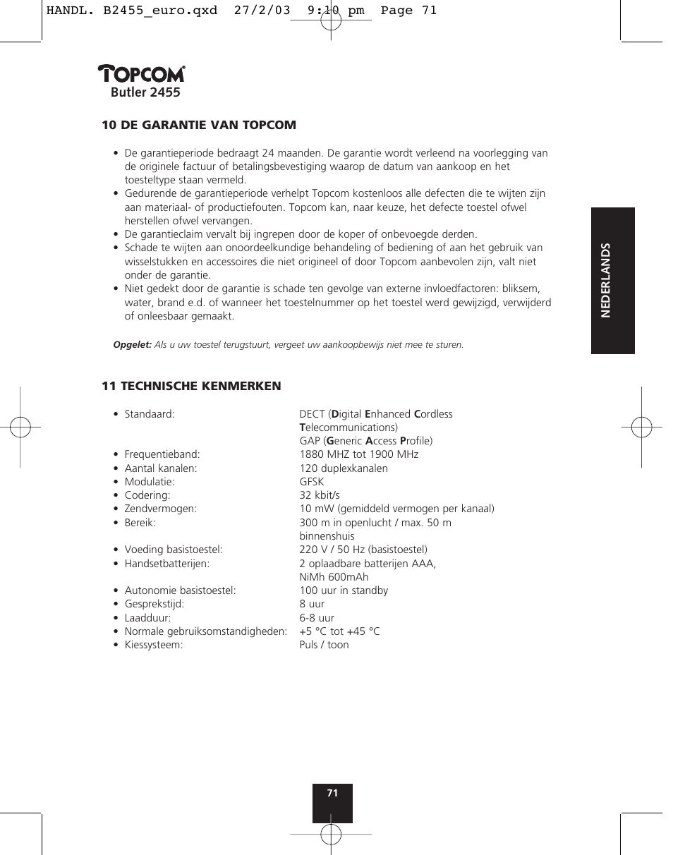 Butler 2455 | Topcom BUTLER 2455 User Manual | Page 71 / 180