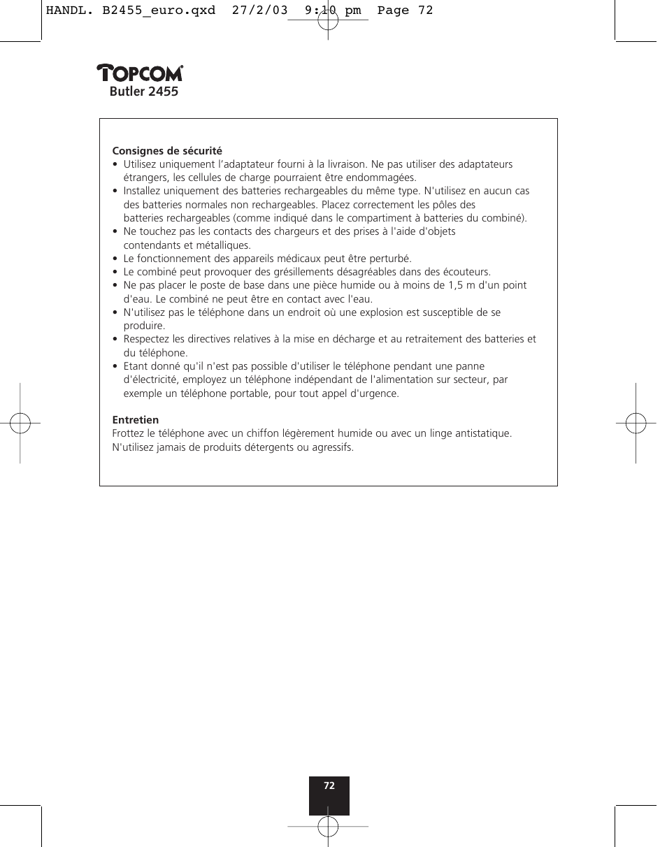 Butler 2455 | Topcom BUTLER 2455 User Manual | Page 72 / 180