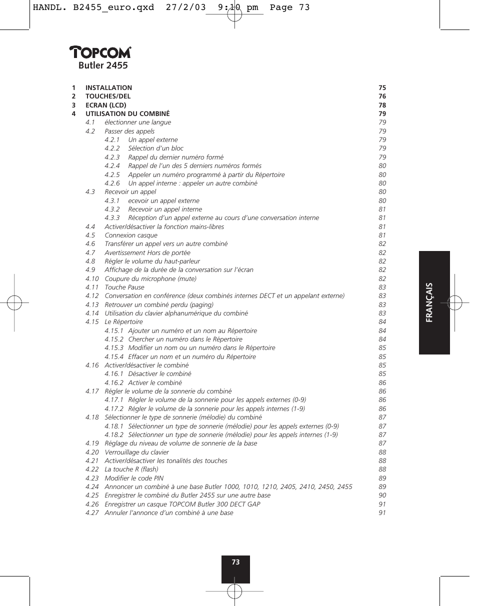 Butler 2455, Français | Topcom BUTLER 2455 User Manual | Page 73 / 180