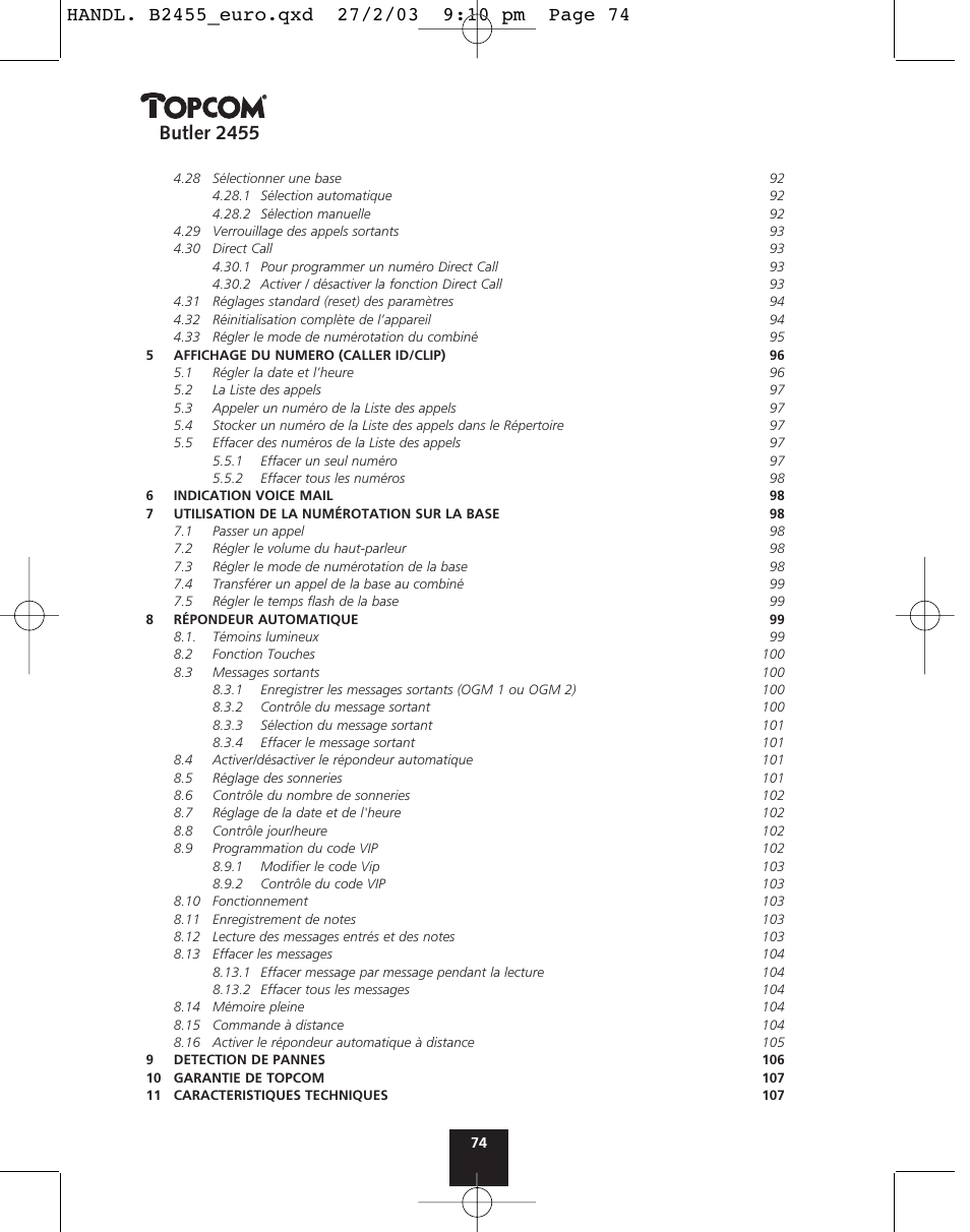 Butler 2455 | Topcom BUTLER 2455 User Manual | Page 74 / 180