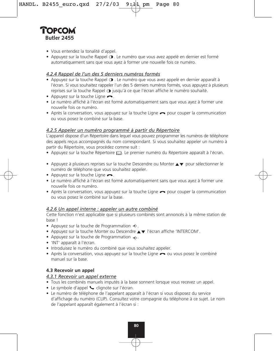 Butler 2455 | Topcom BUTLER 2455 User Manual | Page 80 / 180