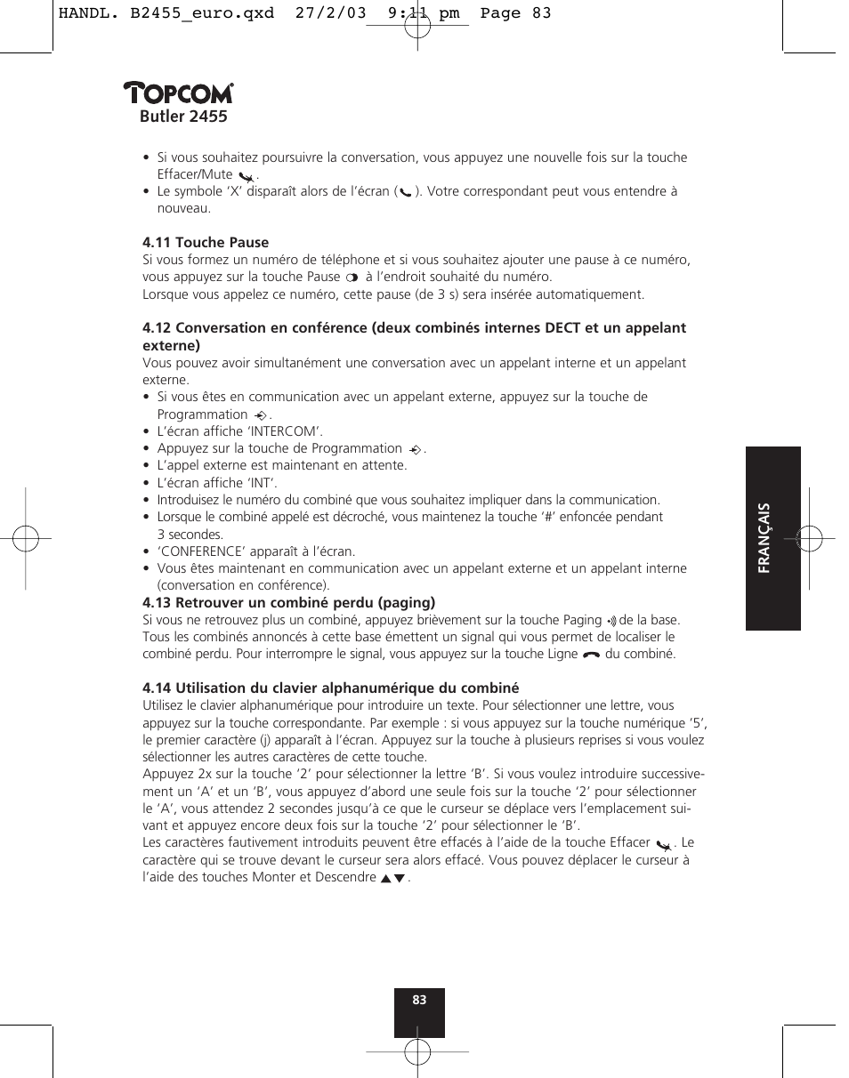 Butler 2455 | Topcom BUTLER 2455 User Manual | Page 83 / 180