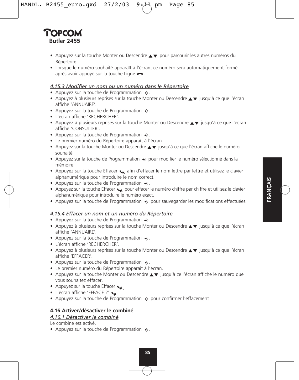 Butler 2455 | Topcom BUTLER 2455 User Manual | Page 85 / 180