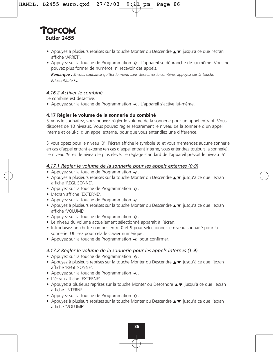 Butler 2455 | Topcom BUTLER 2455 User Manual | Page 86 / 180