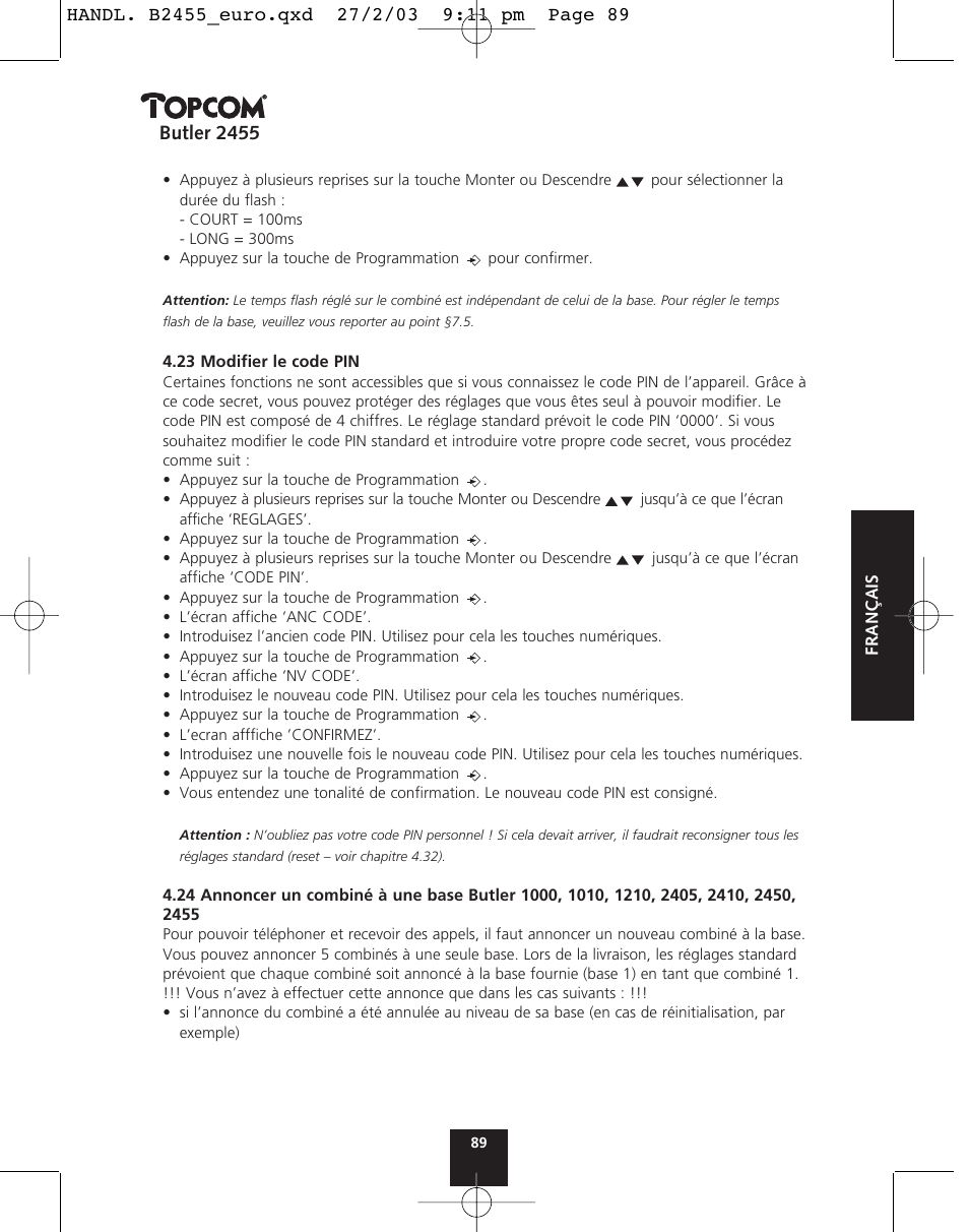 Butler 2455 | Topcom BUTLER 2455 User Manual | Page 89 / 180