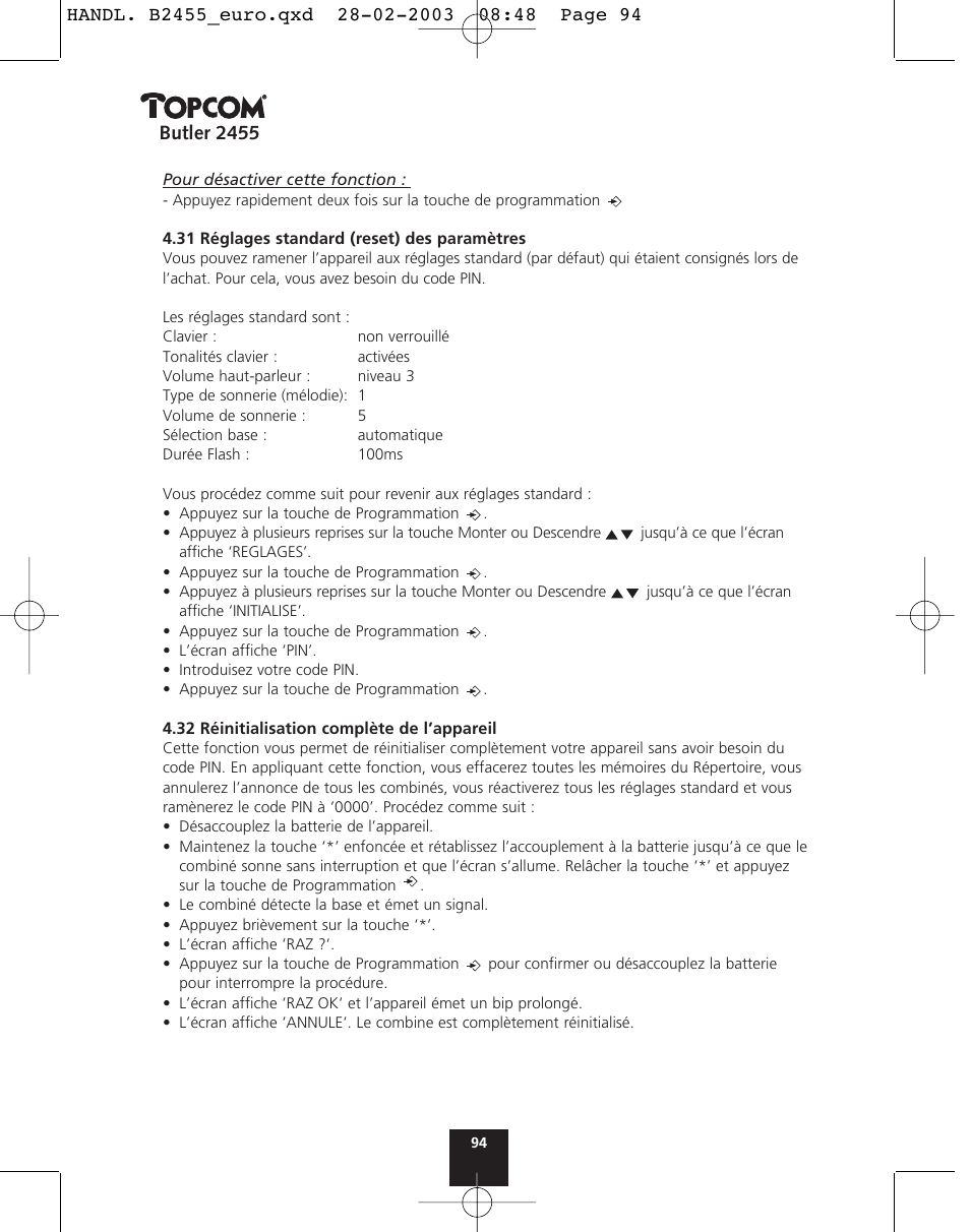 Butler 2455 | Topcom BUTLER 2455 User Manual | Page 94 / 180