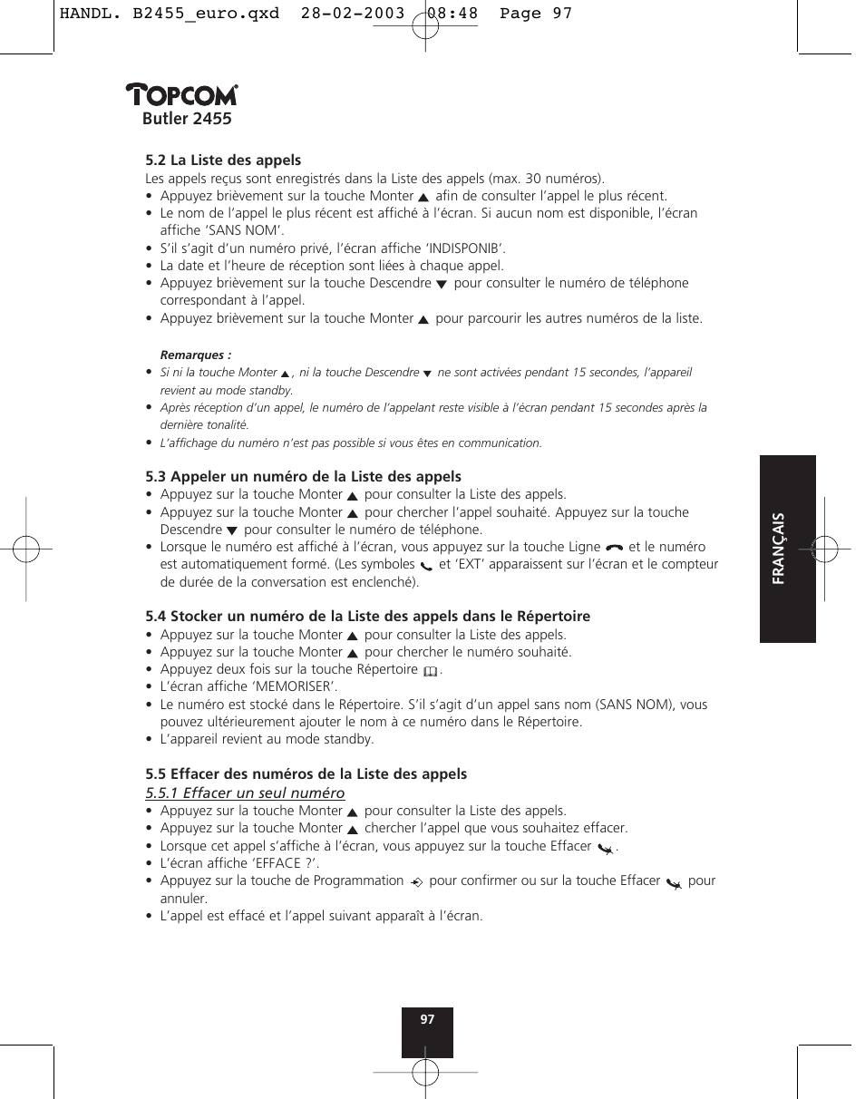 Butler 2455 | Topcom BUTLER 2455 User Manual | Page 97 / 180