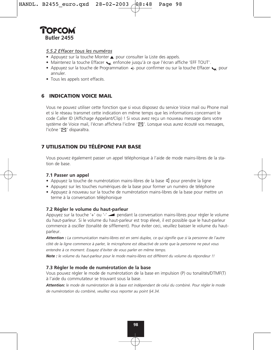 Butler 2455 | Topcom BUTLER 2455 User Manual | Page 98 / 180