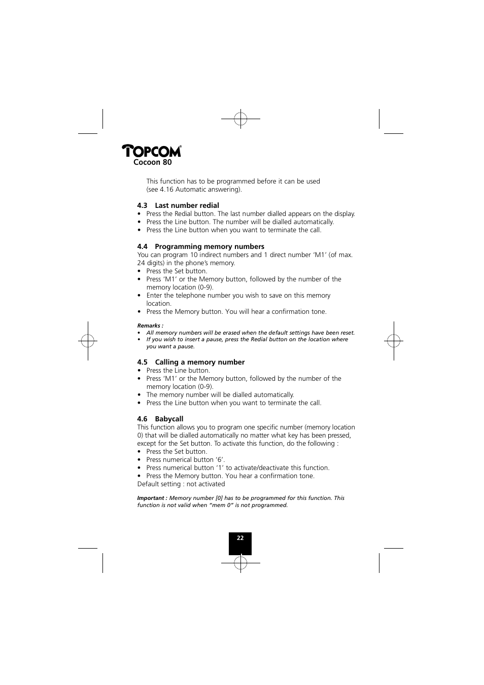 Topcom COCOON 80 User Manual | Page 22 / 35