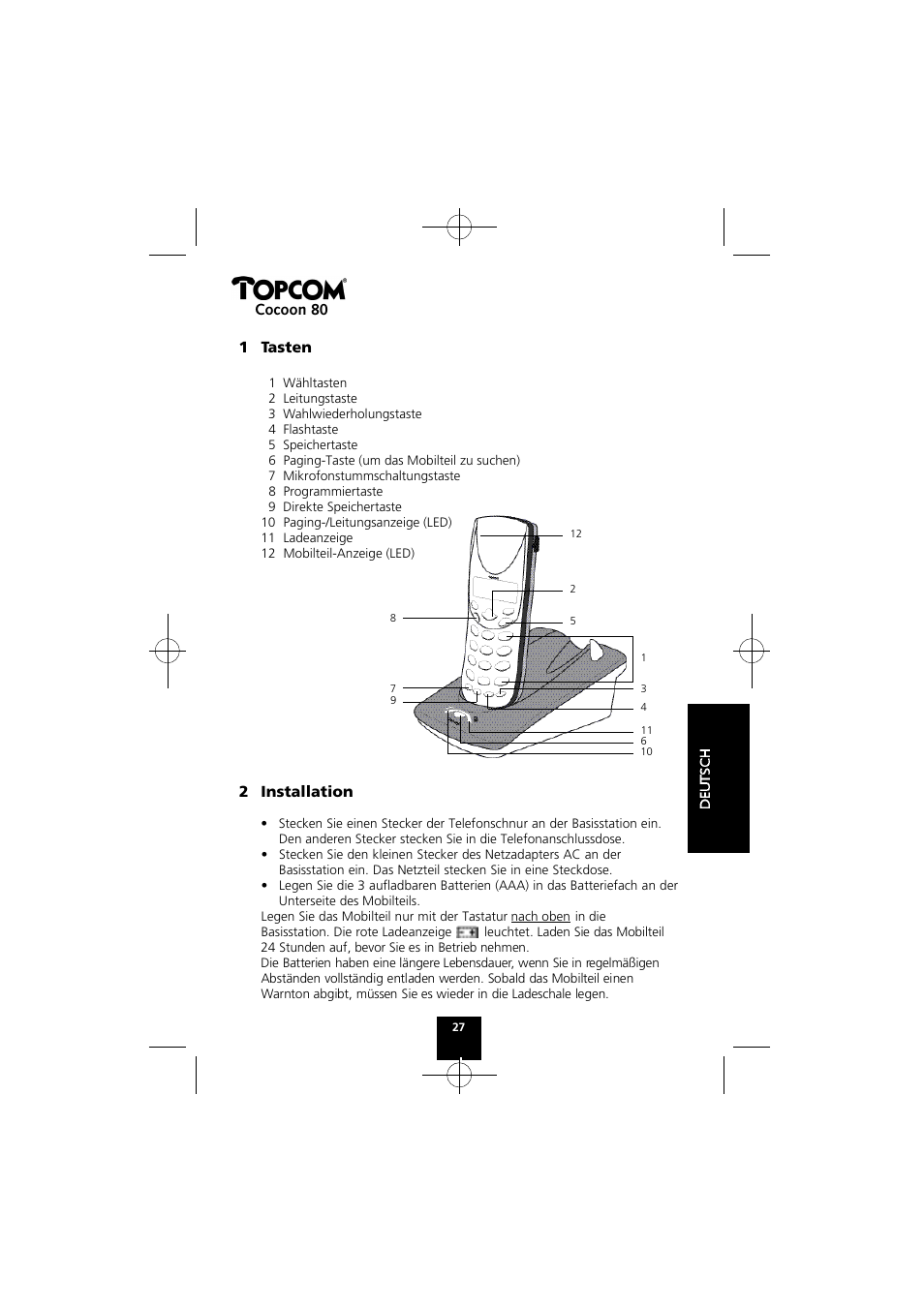 Cocoon 80, 1 tasten, 2 installation | Topcom COCOON 80 User Manual | Page 27 / 35