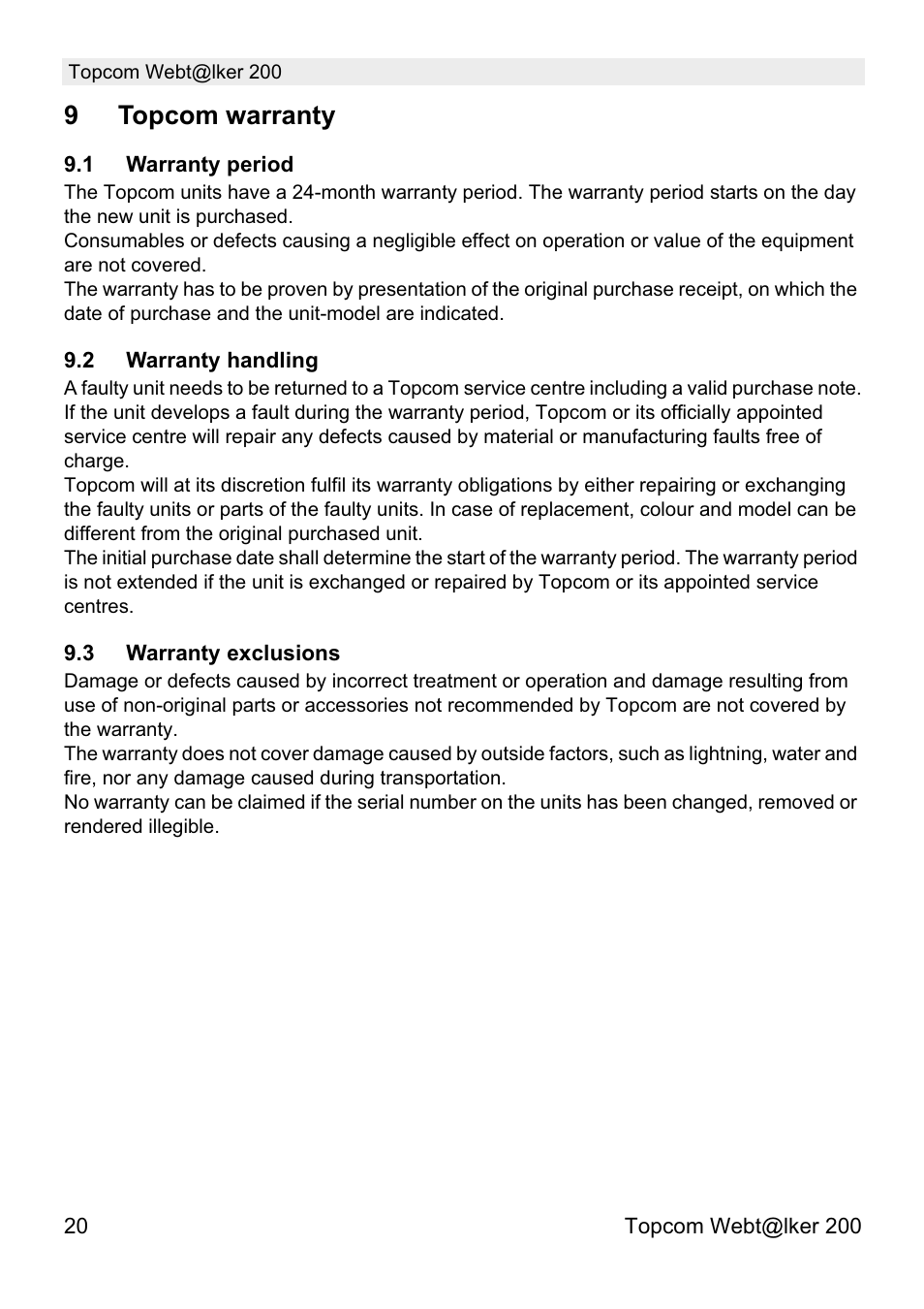 9topcom warranty | Topcom Webtalker V 1.0 User Manual | Page 20 / 21