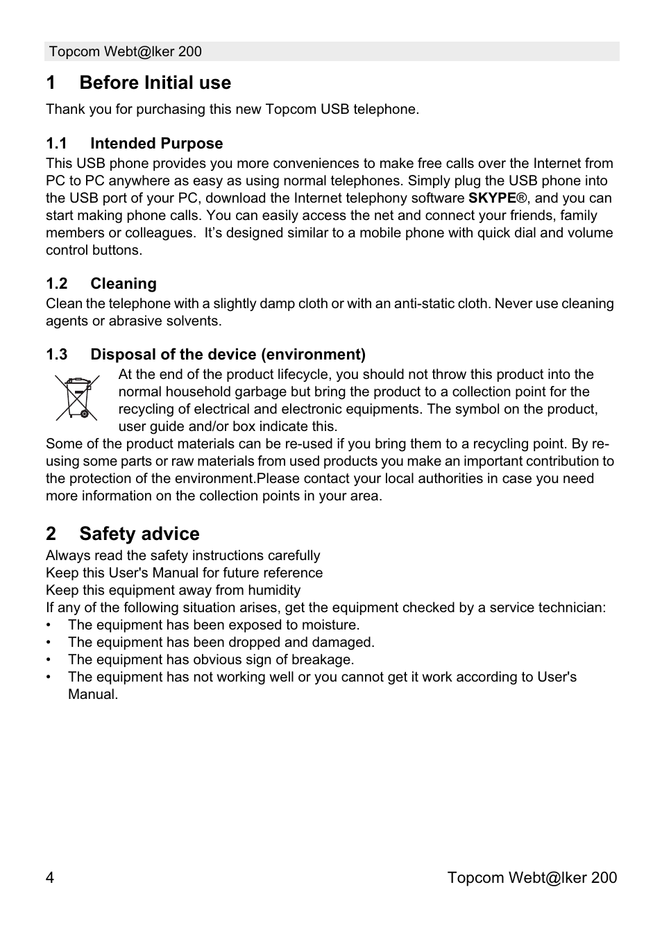 1before initial use, 2safety advice | Topcom Webtalker V 1.0 User Manual | Page 4 / 21
