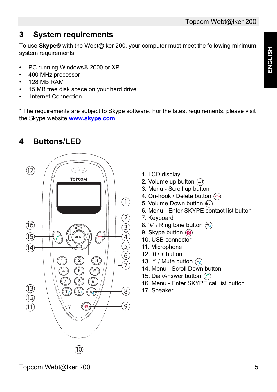 3system requirements, 4buttons/led | Topcom Webtalker V 1.0 User Manual | Page 5 / 21