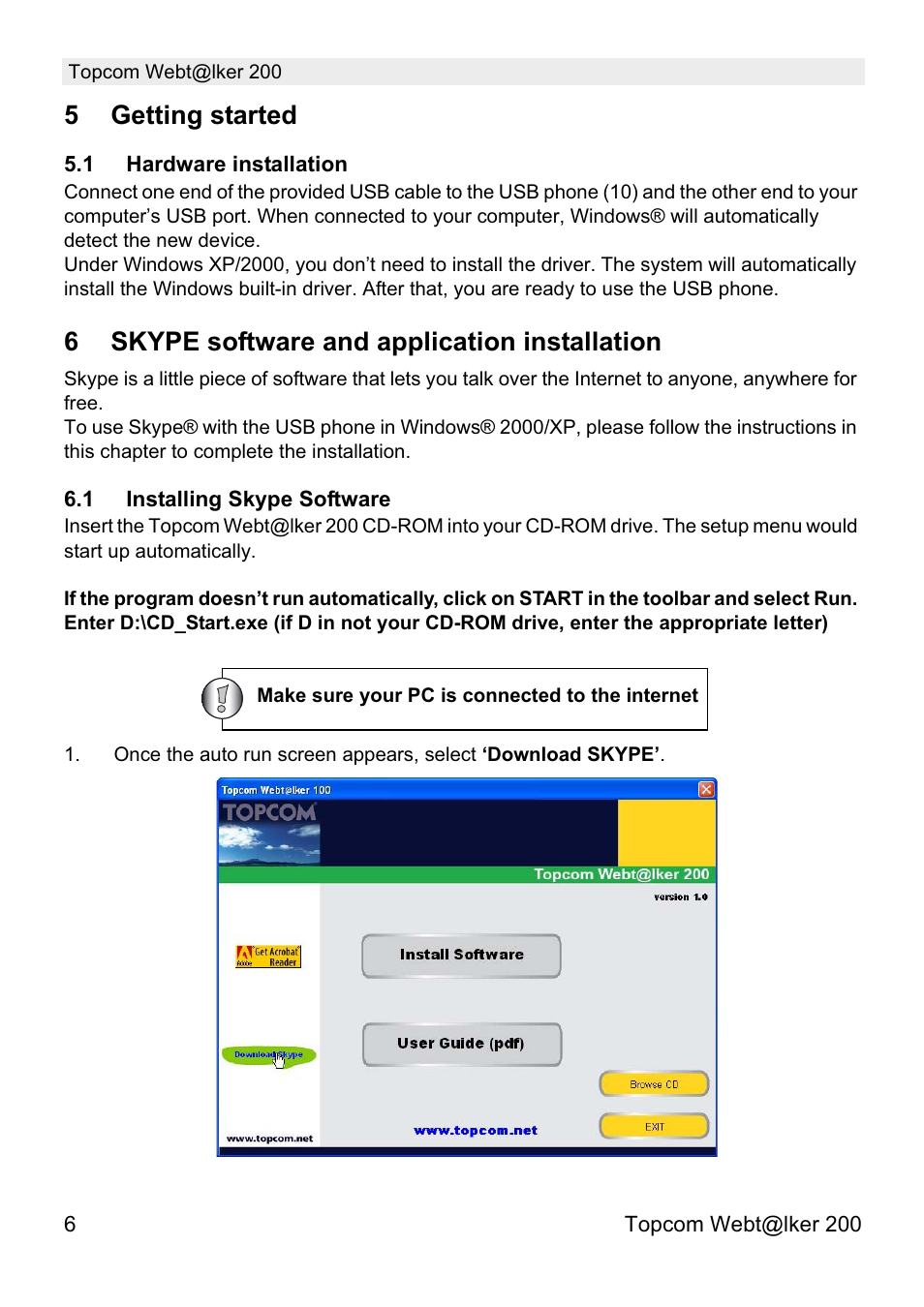 5getting started, 6skype software and application installation | Topcom Webtalker V 1.0 User Manual | Page 6 / 21