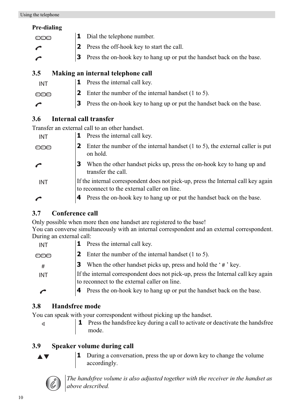 7 conference call, 8 handsfree mode, 9 speaker volume during call | Pre-dialing, Transfer an external call to an other handset | Topcom Balance User Manual | Page 10 / 28