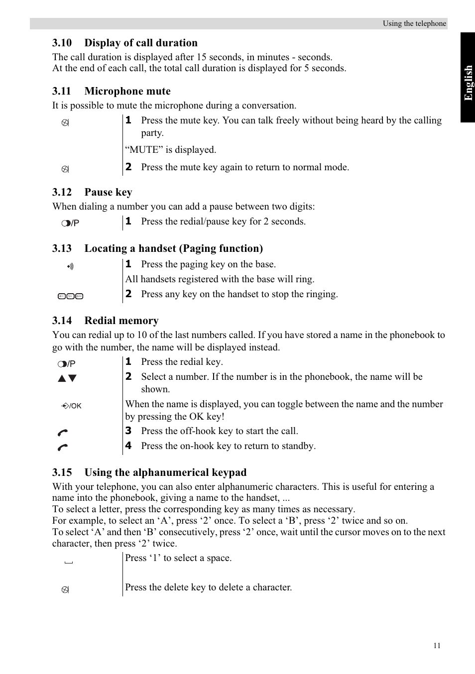 Eng lish, 10 display of call duration, 11 microphone mute | 12 pause key, 15 using the alphanumerical keypad | Topcom Balance User Manual | Page 11 / 28