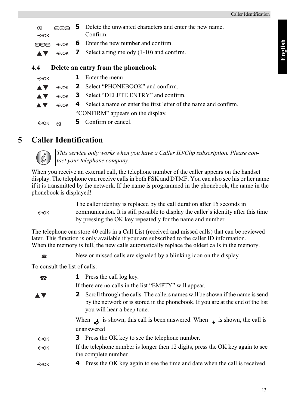 5caller identification, Eng lish, 4 delete an entry from the phonebook | Topcom Balance User Manual | Page 13 / 28