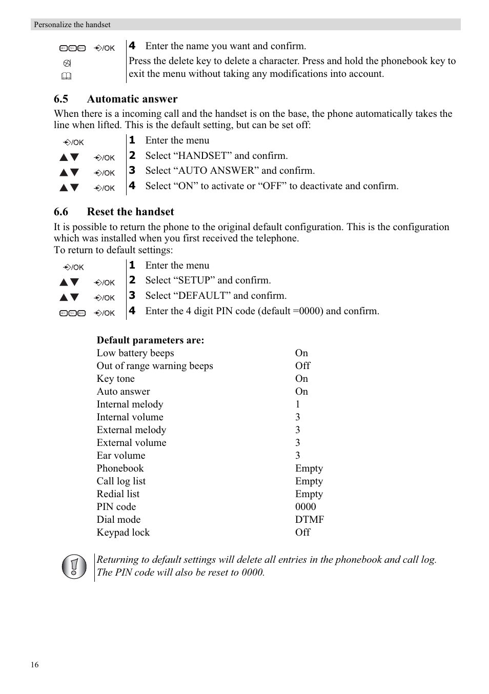 5 automatic answer, 6 reset the handset | Topcom Balance User Manual | Page 16 / 28