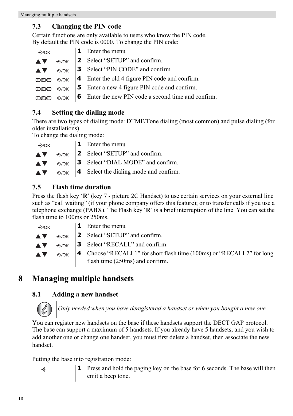 8managing multiple handsets, 3 changing the pin code, 4 setting the dialing mode | 5 flash time duration, 1 adding a new handset | Topcom Balance User Manual | Page 18 / 28