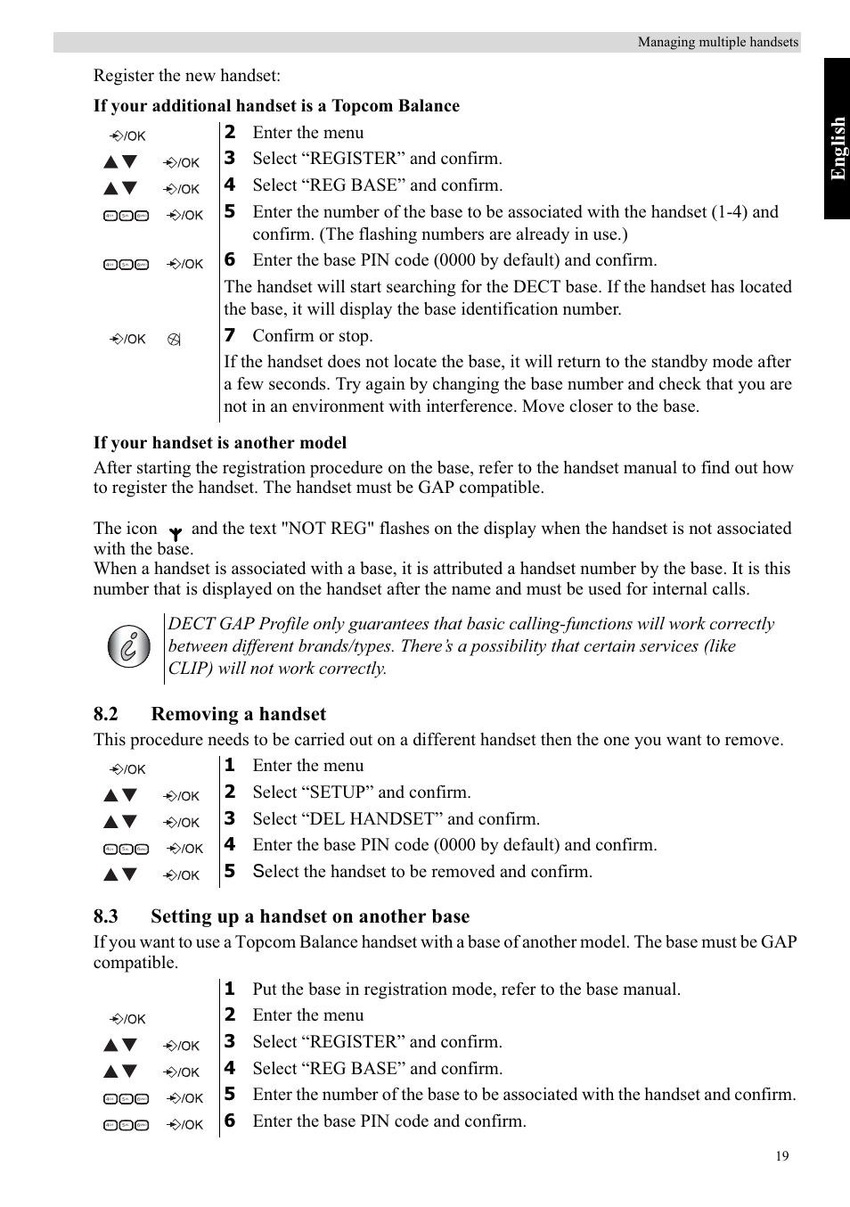 Eng lish, 2 removing a handset, 3 setting up a handset on another base | 19 managing multiple handsets | Topcom Balance User Manual | Page 19 / 28