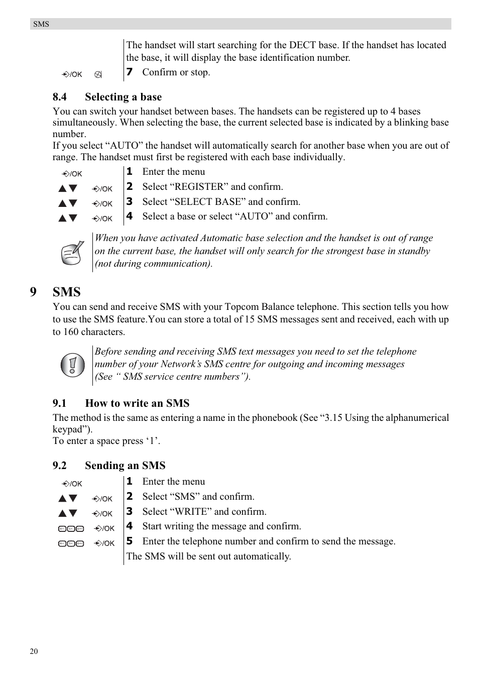 9sms, 4 selecting a base, 1 how to write an sms | 2 sending an sms | Topcom Balance User Manual | Page 20 / 28