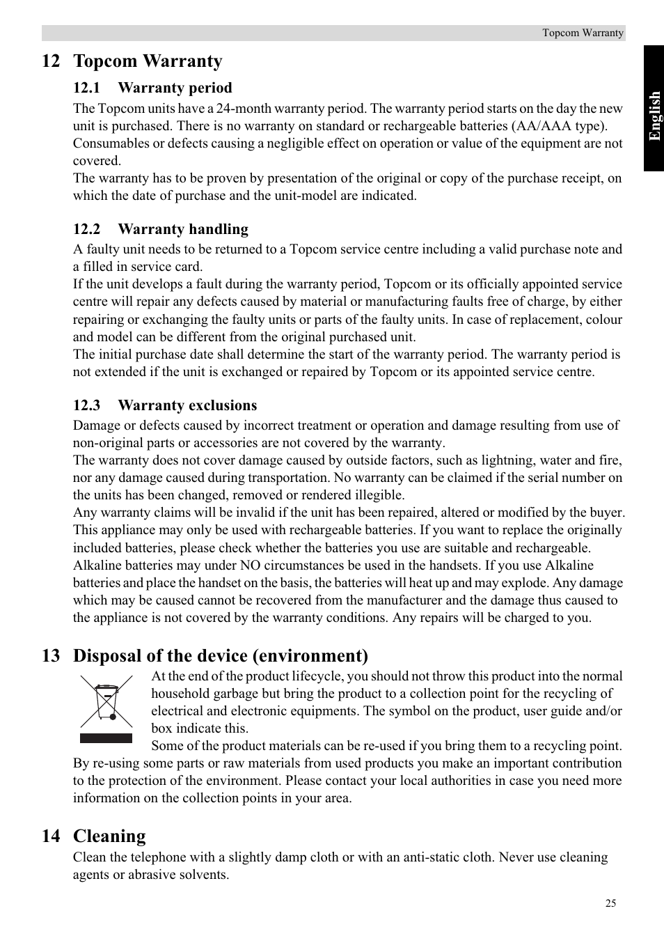 12 topcom warranty, 13 disposal of the device (environment), 14 cleaning | Topcom Balance User Manual | Page 25 / 28