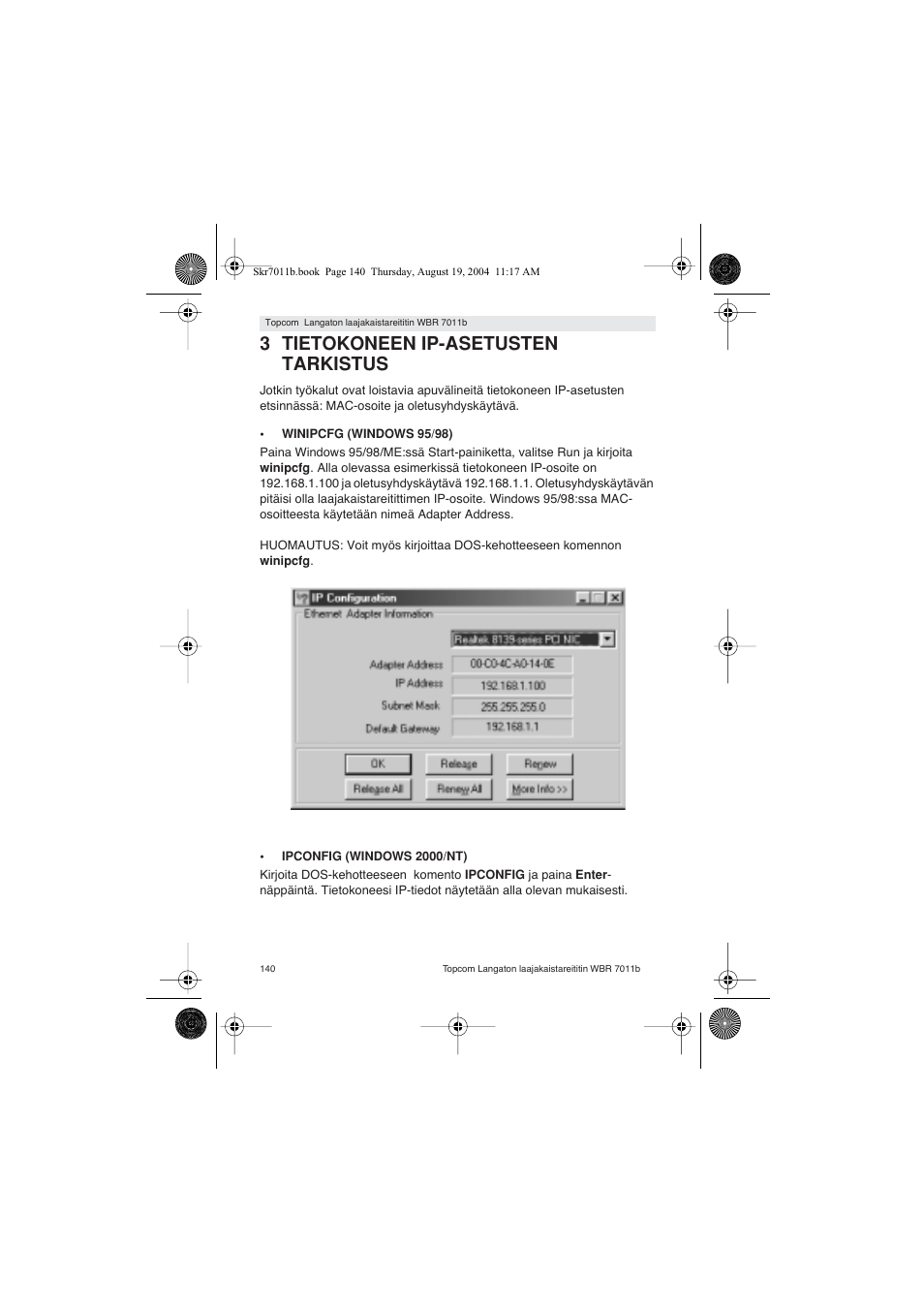 3 tietokoneen ip-asetusten tarkistus | Topcom WBR 7011 B User Manual | Page 140 / 228